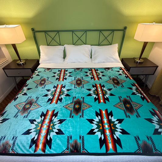 Reversible Mint Blue Star Blanket - TWIN/FULL